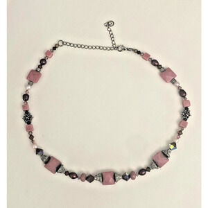 Handcrafted Pink Rhodonite And Crystal Beaded Necklace Silver Tone Lobster Clasp